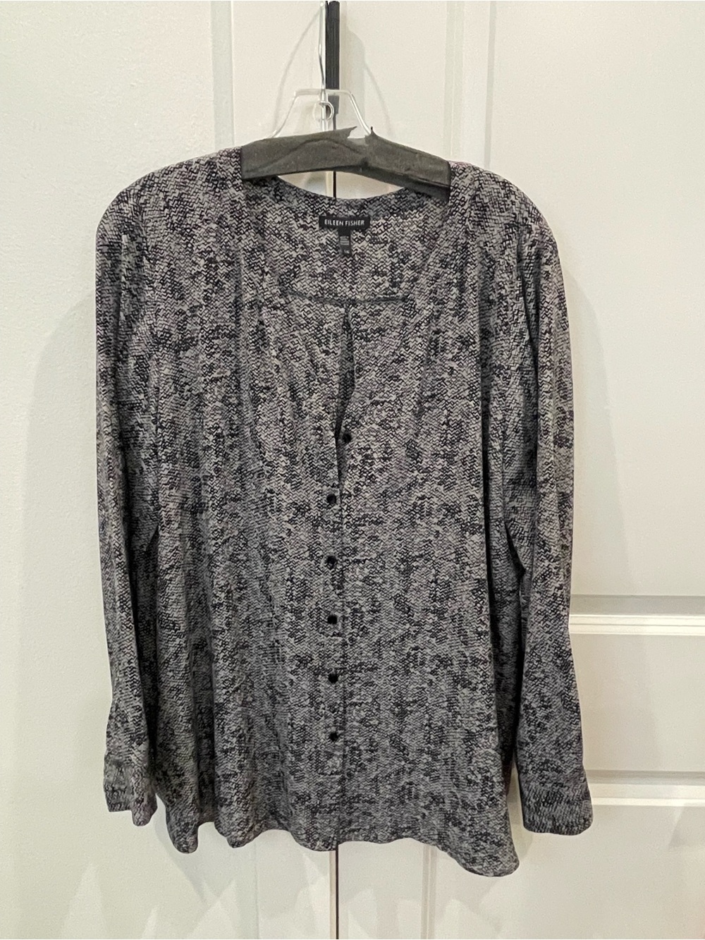 Eileen Fisher Black and Gray Textured Long-Sleeve Button Shirt